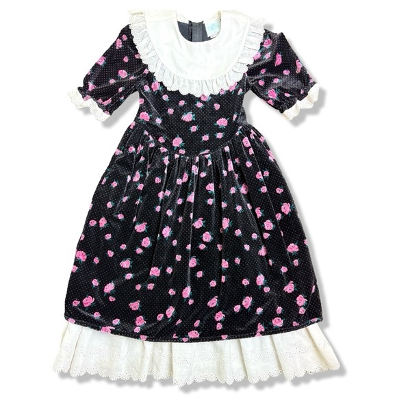 VINTAGE Childrens Hour Velour Floral Bib Dress - Picture 1 of 9